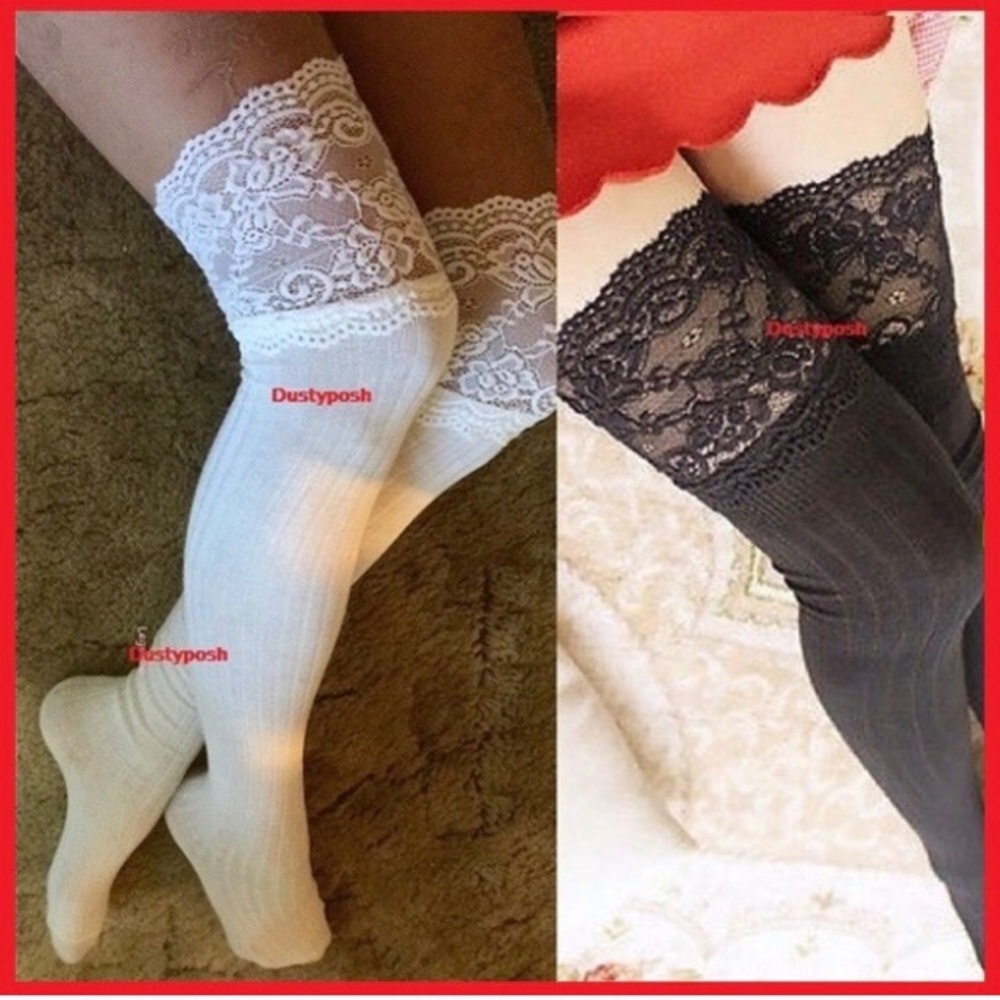 Lace Top Thigh High Socks Ribbed Over The Knee OTK - Picture 3 of 11